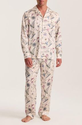 Petite Plume Regatta Print Mulberry Silk Pajamas in Beige at Nordstrom, Size X-Large
