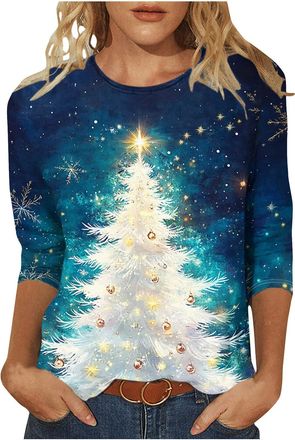 Generic KUIH Christmas Tops for Women Novelty Funny Xmas Tees Elk Snowman Print 3/4 Sleeeve Blouse Lightweight Christmas Tree Jumper Holiday Crewneck Tunic To