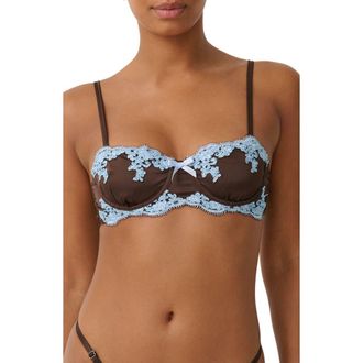 Kat The Label Cinderella Lace Trim Underwire Strapless Satin Bra in Espresso at Nordstrom, Size Xxx-Large