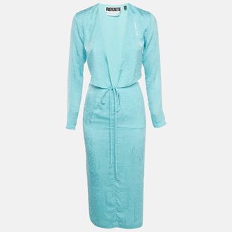Rotate Blue Textured Jacquard Wrap Top And Skirt Set
