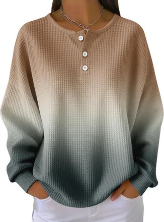 Generic Womens Waffle Gradient Pullover - Long Sleeved Round Neck Casual Sportswear (UK, Alpha, L, Regular, Regular, Gradient Color8)