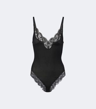 Saint Laurent Lace-trimmed ribbed-knit silk bodysuit