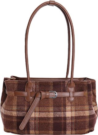 Generic Cymwer Women PU Checkered Tote Handbag W/Belt Buckle Shoulder Bag Travel Work (Brown)