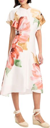 Maggy London Floral Print Flutter Sleeve Midi Dress in Ivory/Persimmon at Nordstrom, Size 14