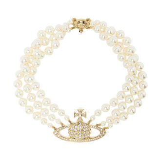 Vivienne Westwood Necklaces, female, Yellow, ONE SIZE, Three Row Pearl Bas Relief Gold Pearl Crystal