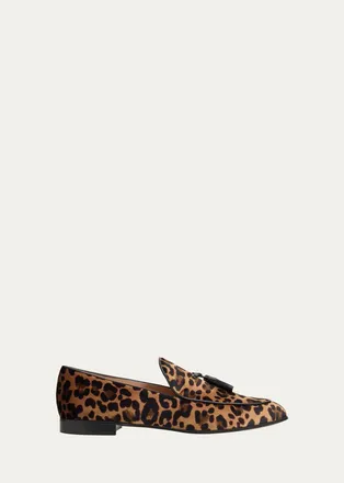 Gianvito Rossi Leopard Velvet Tassel Loafers
