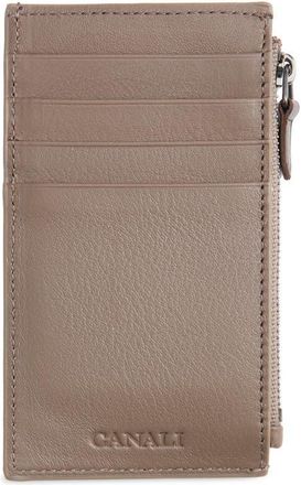 Canali Tumbled Calfskin Card Holder with Zip in Dark Beige at Nordstrom