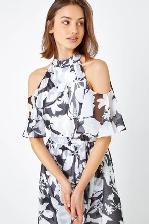 Roman Floral Cold Shoulder Chiffon Maxi Dress