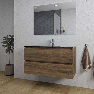 Saniclass Chaci Badkamermeubelset - 100x46x55cm - keramische wastafel zwart - 1 wasbak - 1 kraangat - 2 lades - rechthoekige spiegel - noten (hout)