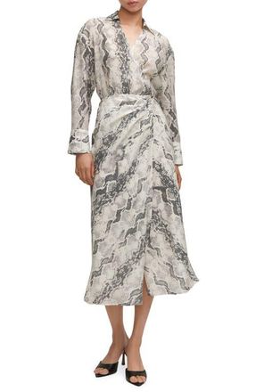 Mango Snakeskin Print Long Sleeve Wrap Shirtdress in Off White at Nordstrom, Size 8