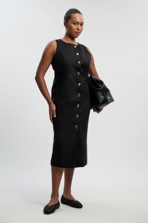 Karen Millen Womens Plus Size Tailored Linen Statement Button Front Pencil Midi Dress - Black Lyocell - Size 18 UK