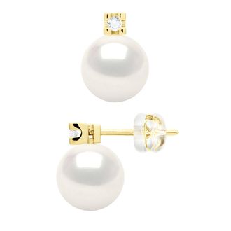 Ateliers Saint Germain Womens Earrings Prestige -Diamonds 0,04 Cts - Quality HSI - Yellow Gold 375 and Real Cultured Freshwater Pearls Round 8-9 mm - One Size