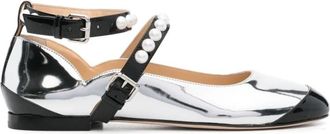 Mach & Mach Zilver Metallic Platte Schoenen met Gesp - Dames - Ballerinas - Grijs - 37 EU - Leer - Schoenen