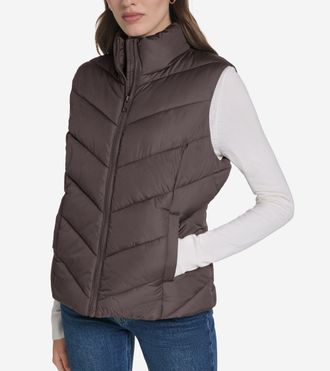 Cole Haan Womens Chevron Zip Front Vest - Brown Size Medium