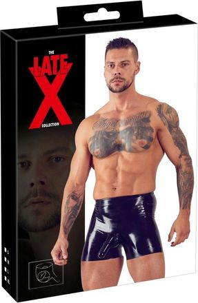 OEM Late X - Pantalones Cortos De L&aacute;tex Negro Con Bolsillos Para Pene Y Test&iacute;culos S