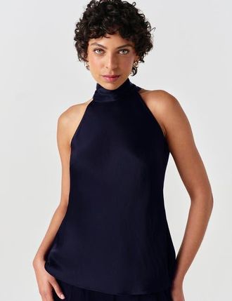 Ghost London Reese High Neck Satin Top in Navy at Nordstrom, Size 16
