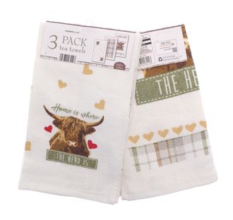 TJ Hughes 3pk Highland Herd Tea Towels - TJ Hughes White