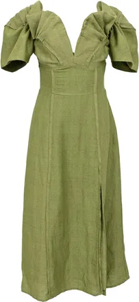 Cult Gaia Muna Off The Shoulder Midi Dress in Green Linen