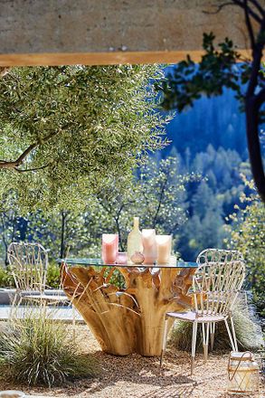 Terrain Glass Top Teak Root Round Dining Table