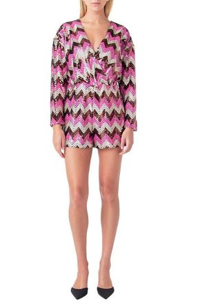 endless rose Chevron Sequin Long Sleeve Romper in Multi at Nordstrom, Size X-Small