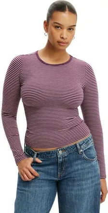 Cotton On Womens Everyday Smooth Long Sleeve in Lisa Stripe Velvet Currant at Nordstrom, Size Xx-Small