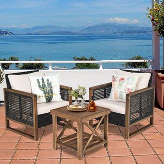 Costway Costway 3PCS Patio Furniture Set Outdoor Garden Wood Coffee Table & 2 PE Rattan Chairs in Brown