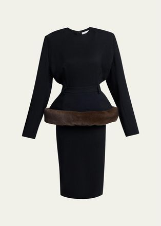 Stella McCartney Long-Sleeve Belted Faux-Fur Peplum Midi Dress