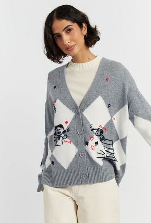 Chinti and Parker Grey Wool-Cashmere Peanuts Poker Cardigan