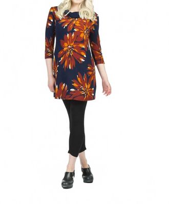 Papillon Floral Print Cowl Neck 3/4 Sleeve Dress In Navy/ Brown