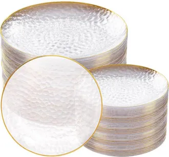 OEM Juego De 3 Platos De Pl&aacute;stico Transparente De 23 Cm Con Borde Dorado, Duraderos Y Reutilizables, Ideales Para Fiestas Y Bodas