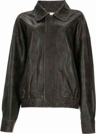 Alysi Brown Vintage Leather Bomber Jacket with Classic Collar
