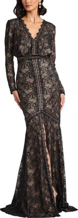 Tadashi Shoji Long Sleeve Eyelash Lace Mermaid Gown in Black/beige at Nordstrom, Size 14