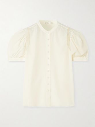 Frame Denim Blusa In Cr&ecirc;pe De Chine Di Seta Con Finiture In Pizzo E Arricciature - Crema