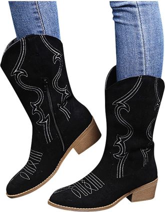 Generic Cowboy Boots for Women,Mid Calf Embroidered Round Toe Shoes Bohemian Retro Chunky Mid Calf Western Boots Women Wide Calf Riding Booties With Side Zipp