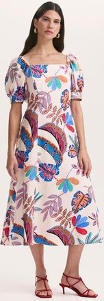 Finery Daisy Square Neck Midi Dress in Cream Leaves at Nordstrom, Size 16
