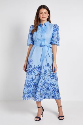 Wallis Womens Floral Organza Pintuck Midi Shirt Dress - Blue - Size 10 UK