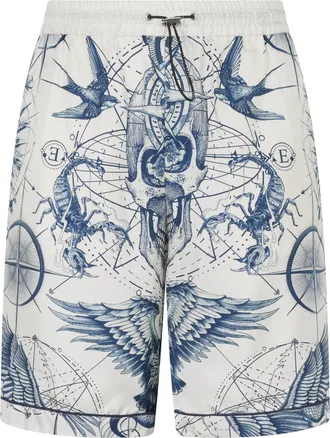 Philipp Plein Silk Bowling Shorts All-Over Tattoo