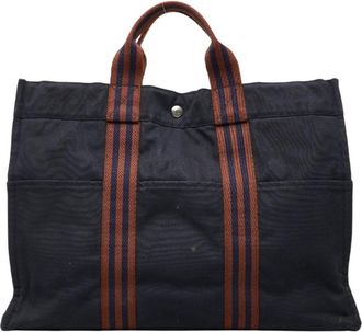 Herm&egrave;s Brown Navy Cotton Handbag Tote Bag (Pre-Owned)