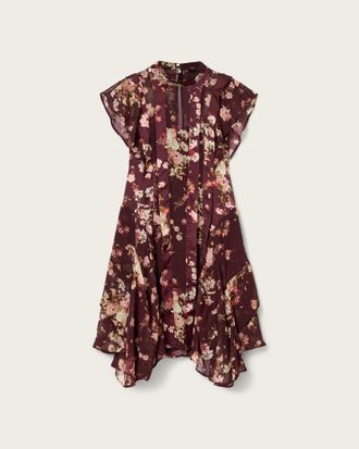 AllSaints Viscose Fleur Asymmetric Floral Dress, Size: UK 16/US 12
