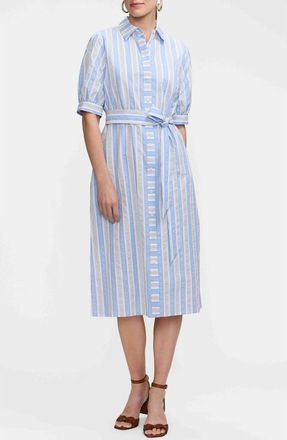 Foxcroft Esther Tie Waist Midi Shirtdress in Blue/Multi at Nordstrom, Size X-Small