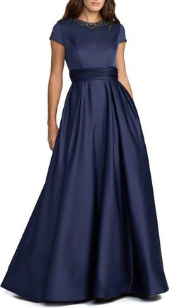 Mac Duggal Womens Embellished Satin Cap Sleeve Gown With Pockets in Midnight at Nordstrom, Size 10