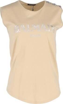 Balmain Logo-Print Tank Top in Beige Cotton