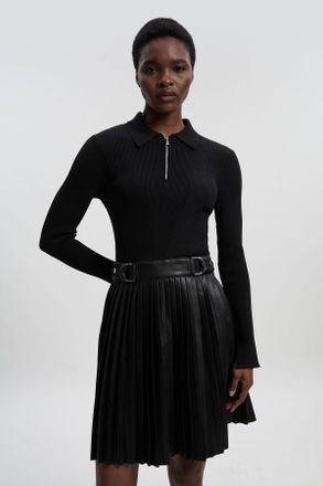 Karen Millen Womens Tall Knitted Zip Neck Pu Mix Pleated Mini Dress - Black viscose - Size Medium