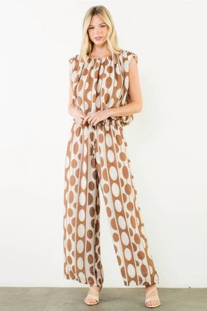 THML Clothing Circle Print Bubble Top In Brown/beige