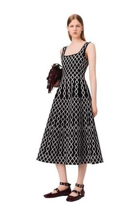 Maje Jacquard knit midi dress in Black /White at Nordstrom, Size 42 Eu