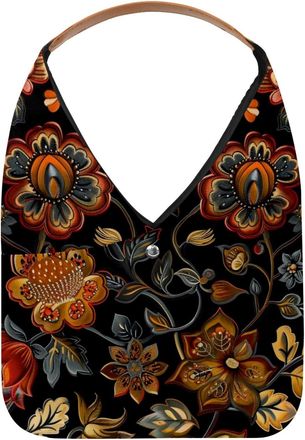 Generic Vintage Ethnic Boho Floral Black Reusable Lightweight Grocery Bags - Foldable Into Compact Pouch, Washable & Sturdy, Multipurpose for Shopping and Tra