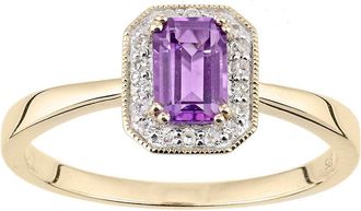 Jewelco London 9ct Gold Diamond Octagon Amethyst Octagon Mill Grain Halo Ring - DR1AXL619YAM