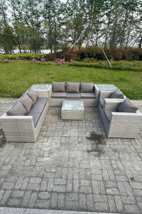 Fimous Outdoor PE Rattan Garden Furniture Set Wicker Sofa Set Square Coffee Table Armchair Side Table in Light Grey
