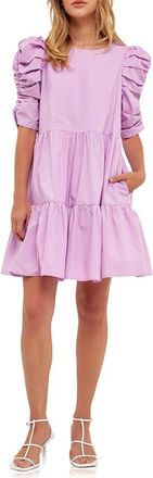 English Factory Pleated Puff Sleeve Tiered Cotton Minidress in Lilac at Nordstrom, Size X-Small