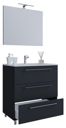 ebuy24 Ebuy24 - Vcm 3 Pcs Lavabo Lavabo Gabinete Inferior Ancho 60 Cm Muebles De Ba&ntilde;o Conjunto De Pie Con Tres Cajones Espejo Badinos (negro)